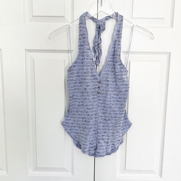 Pilcro Anthropologie Blue Marled Ribbed Henley Halter Top - Picture 3 of 10